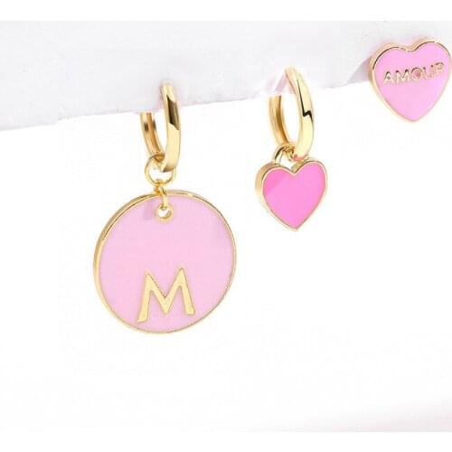Origin Summer Amour Enamel Pink Heart Earrings for Women Trendy Cute Round Gold Letter Print Huggie Drop Earrings Jewelry