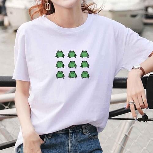 Pullover T Shirt Kawaii Harajuku Fashion Frog Print Cartoon T Shirt Women Pullover Female Streetwear Women Short Sleeve Tees
