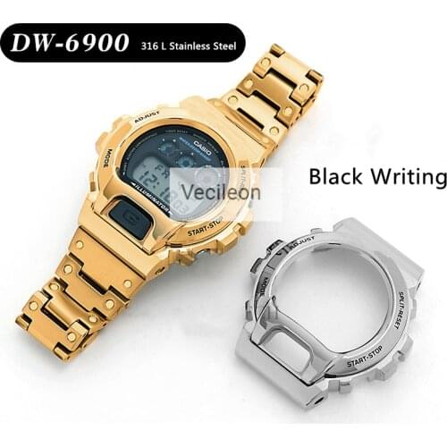 Watchbands And Bezel For DW-6900 Series 316L Stainless Steel Metal Case Strap Modified Watch Accessories With Black Characters