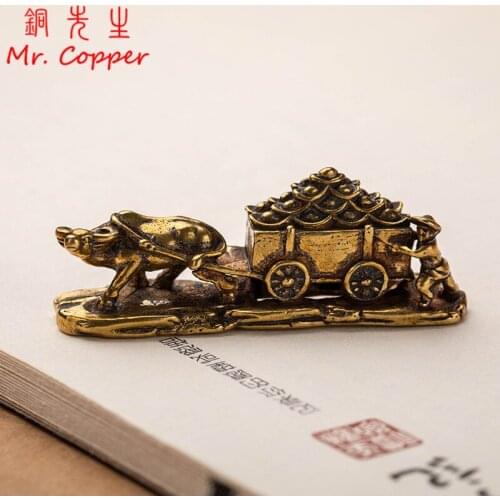 Retro Copper Bull Pull Vehicle Figurines Ornament Chinese Folk Feng Shui Crafts Home Decoration Accessory Lucky Animal Miniature