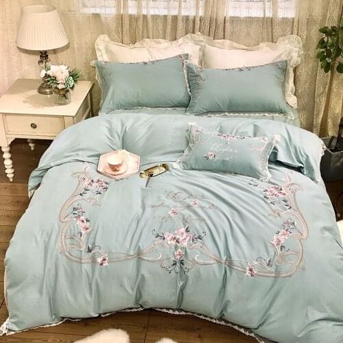 Luxury Solid blue 100S Egyptian cotton Embroidery Bedding sets Queen King Pastoral Duvet cover Bed sheet set Pillowcases 4pcs