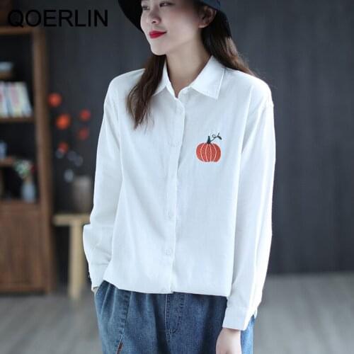 Large size Literary Cotton Linen Pumpkin Embroidery Shirt 2021 Spring New Retro Loose Casual Long Sleeve Shirt Oversized Blouse