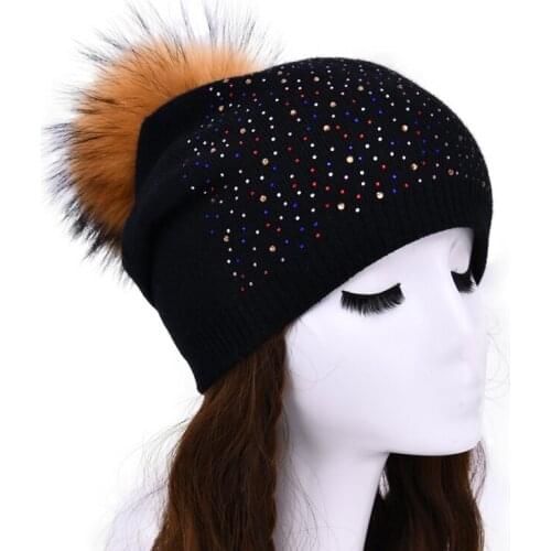 MAOMAOFUR Women Real Fur Pompon Hat Female Plain Warm Knit Beanie Hat Natural Raccoon Fur Pom Pom Cap Winter Beanies Diamond Hat