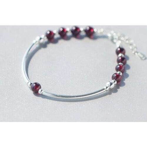 Tinny 5mm(length 17cm-20cm)Real. 925 Sterling Silver Natural red Garnet Stone &round Lucky Bead Bracelet Fine Jewelry GTLS336