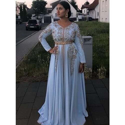 Elegant Sky Blue Moroccan Caftan Evening Dresses 2021 V-Neck Algeria Arabic Muslim Special Occasion Dresses A-LINE Party Gowns