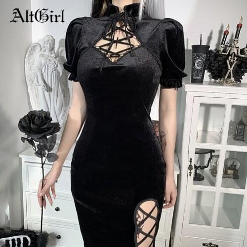 AltGirl Vintage Gothic Velvet Cheongsam Dress Women Harajuku Streetwear Punk Lace Up Hollow Out Slim Dress Mall Goth Party Dress