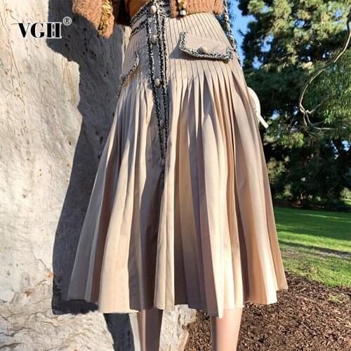 VGH Patchwork Pocket Ruched Skirt For Women High Waist Pleated Casual Skirts Female Fashion New Clothing 2021 Spring Stylish