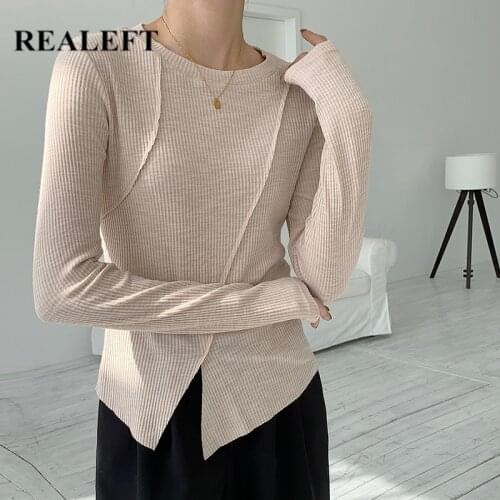 REALEFT 2021 New Autumn Womens Tops Shirts Fashionable Irregular Bottom Design Long Sleeve Patchwork Casual Basic Shirts Female