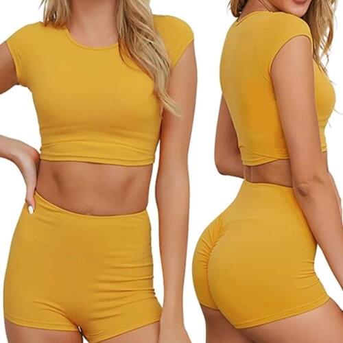 Women 2 Piece Yoga Outfit Set O-Neck Slim Fit Crop Top High Waist Scrunch Butt Lift Shorts Solid Color Workout Tracksuit