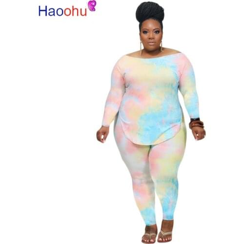 HAOOHU XL-5XL Plus Size Tie Dye Two Piece Set Women Fall Clothes Top Stacked Leggings Sweat Suit Lounge Outfits Matching Sets