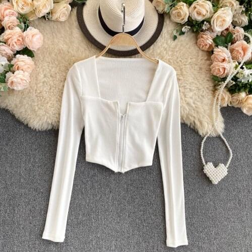 Foamlina Womens White Black Knitted Top Sexy Square Collar Long Sleeve T-shirt Front Zipper Slim Fit Autumn Elegant Crop Top