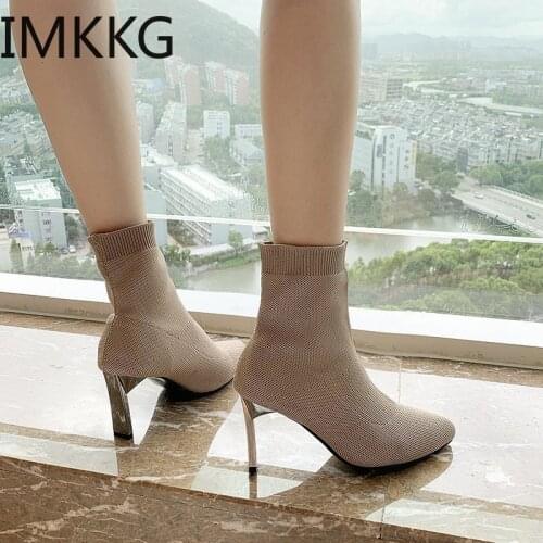 2020 Simple fashion stretch socks boots womens high heels shoes knit socks boots skinny women pointed autumn winter ankle boots