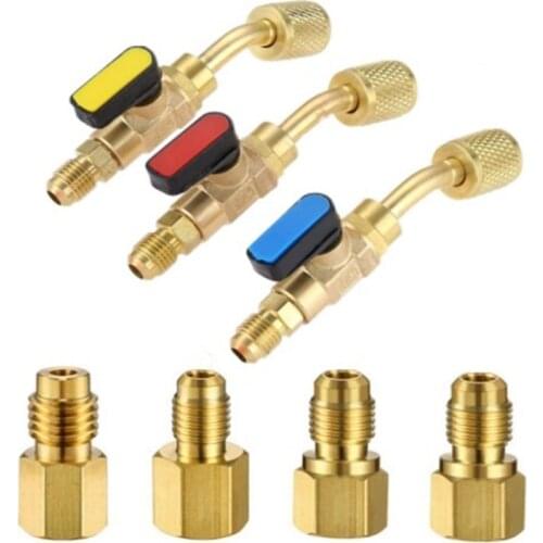 7Pcs Air Conditioning Refrigerant Angled Compact Ball Valve 1/4'Inch,Fits for HVAC Charging Hoses AC Refrigerant Tools