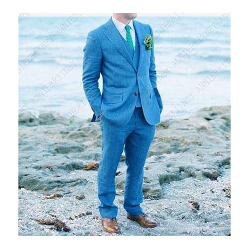 ANNIEBRITNEY Summer Blue Linen Mens Suits Casual Beach Tuxedos Wedding Bridegroom Suits Best Man Blazer Custom made Suit for Men