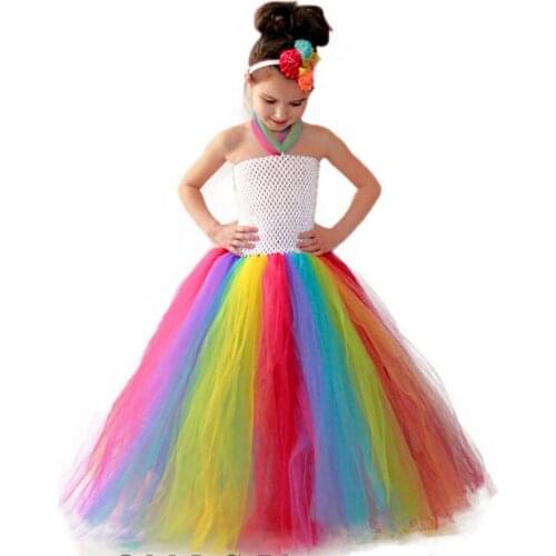 2019 New Seven Colors Rainbow Tutu Dance Dress Princess Flower Girl Party Dress Kids Halloween Costume Vestido