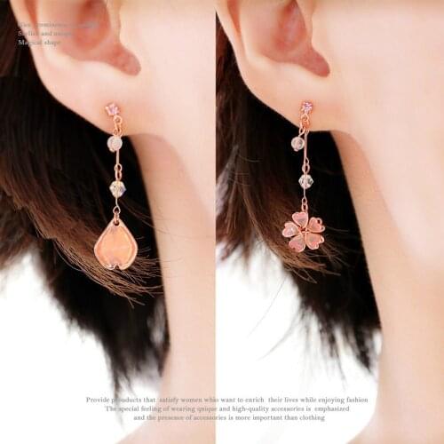 Enamel Asymmetric Cherry Blossom Stud Earrings Crystal Rose Gold Earrings Female Earrings