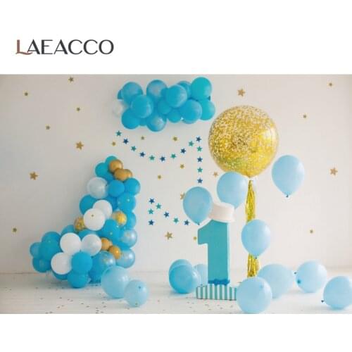 Laeacco Blue Balloons 1ST Birthday Party Gold Star Family Celebration Prince Boy Portrait Photo Background Photographic Backdrop