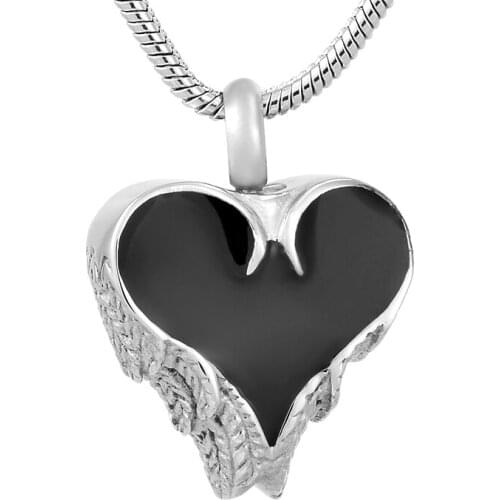 IJD8413 Black Enamel Angel Wing Feather Heart Urn Necklace Memory Keepsake Humans Cremation Ashes Pendant+Free Filling Kits
