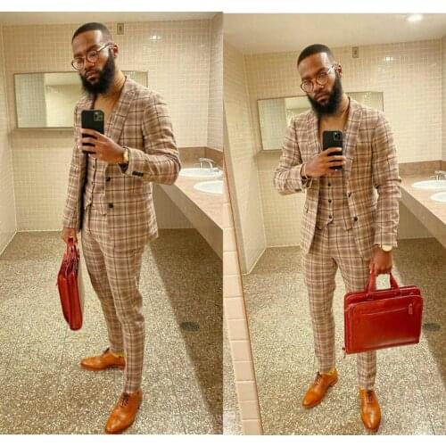 Classic Check Beach Wedding Tuxedos Two Button Mens Groom Suits Notched Lapel Slim Fit Prom Party Blazer Jacket Three Pieces