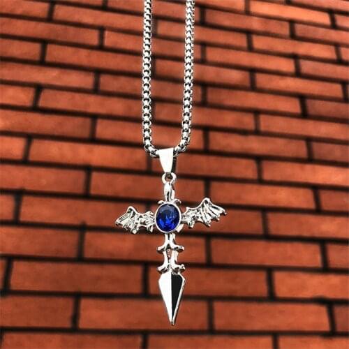 Punk Creative Trendy Crystal Bat Cross Pendant Necklace For Men Silver Color Womens Necklace Street Fashion Jewelry