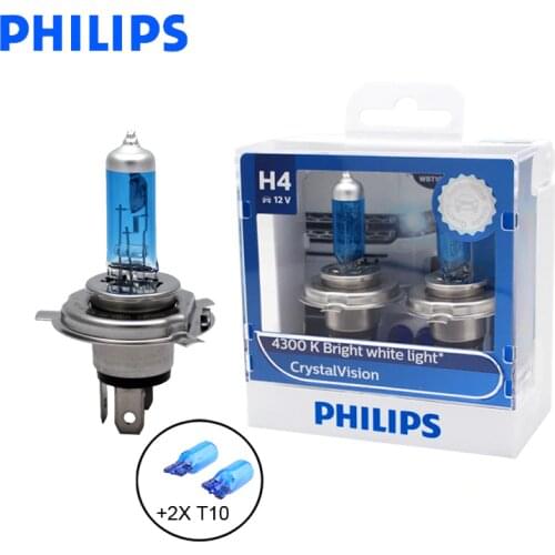 Philips H4 9003 HB2 12V 60/55W Crystal Vision 4300K White Light Halogen Lamp Car Headlight Stylish Look 12342CVSM, Pair + 2x T10
