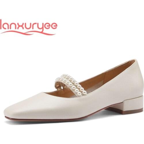 Lanxuryee natural leather square toe low heel pearl decoration princess style beauty girls dance party charming women pumps L19