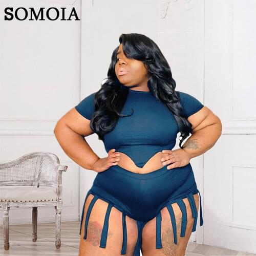 Summer Plus Size Twopiece Womens Clothing Custom Sexy Round Neck Short Sleeved Solid Color Fashion Tassel Casual Sports Suit