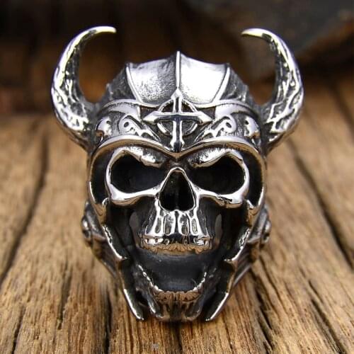 Vintage Horned Helmet Viking Warrior Skull Ring Men Red Crystal Eyes Skull Biker Ring Punk Stainless Steel Jewelry Dropshipping