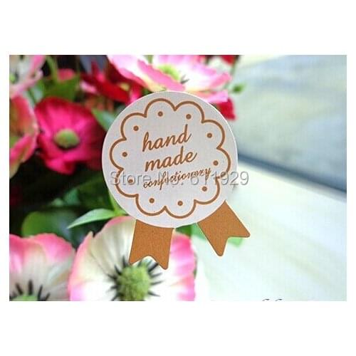 Free shipping beige medal"hand made" seal stickers 2.7x3.5cm/gift packing labels/DIY decorated stickers 750 pcs a lot