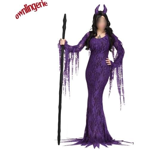 Fancy Masquerade party devil cow cosplay dress Vampire costume Halloween crotch lace witch purple costume with headband M,L,XL