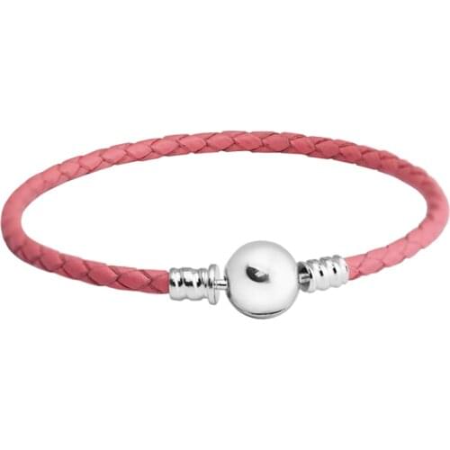Genuine 925 Sterling Silver Round Clasp Braided Bracelet Pink Leather Bracelets for Women DIY Charms Jewelry Making pulseras