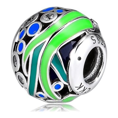 Fits for Pandora Charms Bracelets Ocean Life Beads with Green Enamel & Blue CZ 100% 925 Sterling Silver Jewelry Free Shipping