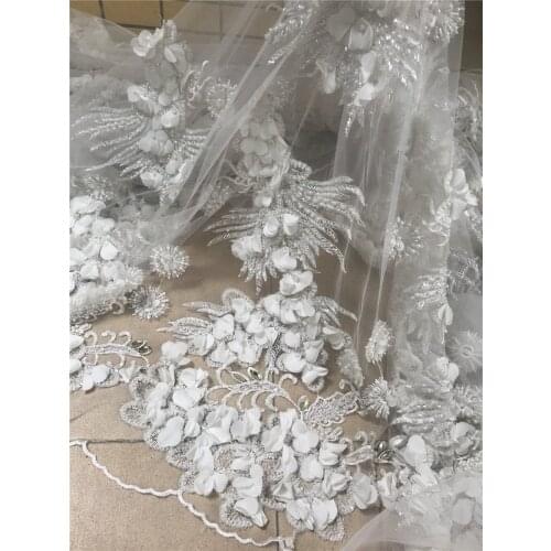Fabrics African L-4888814 French Tulle Mesh Lace Fabric Best 3D flowers with beads Quality Lace Fabric For Wedding Party