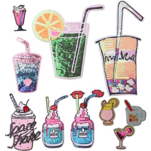 Cocktail, frozen drink sequin icon Embroidered Iron on Patches for Clothing DIY Stripes Clothes Patchwork Stickers Custom Badge