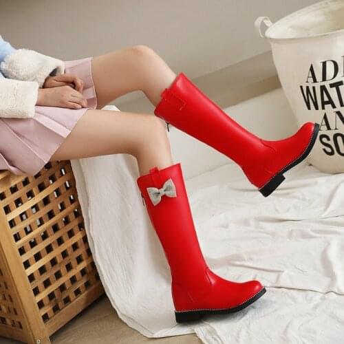 Women Knee High Boots Soft Pu Leather Flat Fashion Knee Boots Comfortable Sweet Butterfly-knot Womanred Black Long Boots Shoes