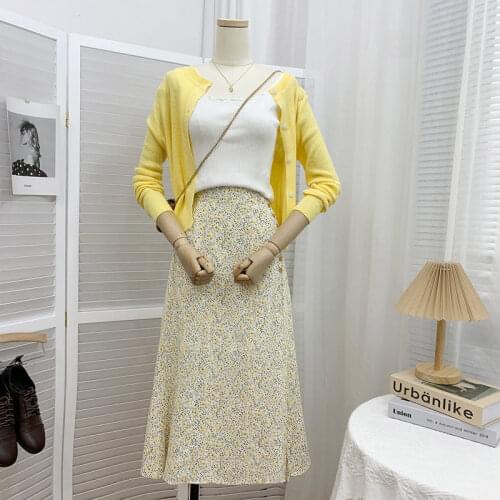 Women 2021 Summer Fashion Mid-long Split Skirts Female High Waist Printed Buttons Skirts Ladies Chiffon A-line Skirts E229