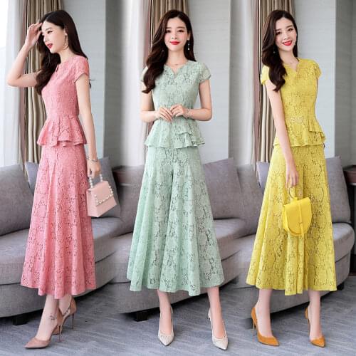 2020 Summer Women Shirt Lace Tops with Ruffles + Floral Wide Leg Trousers Long Pant Hollow Out 2 Piece Set Suit Tracksuit Z134