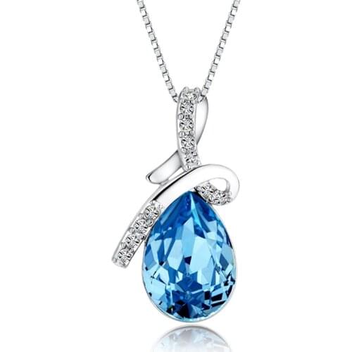 Real S925 Sterling Silver "Tears of Angel" Austrian Blue Crystal Pendant Necklace Women Charming Fine Jewelry (SN003)