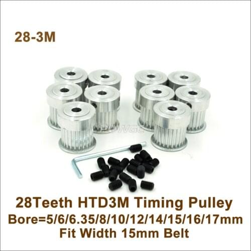 POWGE 28 Teeth 3M Timing Pulley Bore 5/6/6.35/8/10/12/14/15/16/17mm Fit W=15mm 3M Belt 28T 28Teeth HTD3M Pulley Cutting Machine
