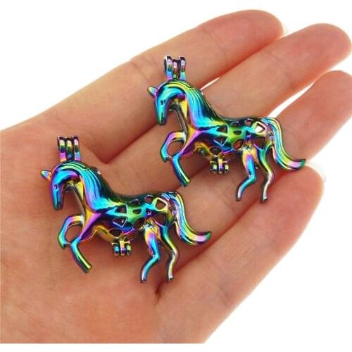 10pcs rainbow color unicorn pearl cage pendant aromaing oil diffuser box, add your own pearl, stone makes it more attractive