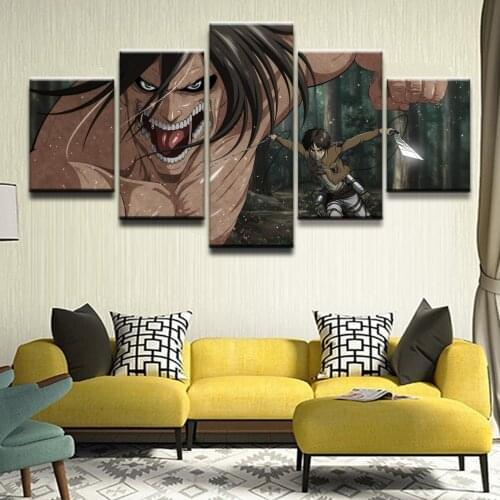 5pcs Attack on Titan Eren Yeager Shingeki No Kyojin Pictures Wall Art Home Decor Poster Canvas HD Printed Paintings Decoration