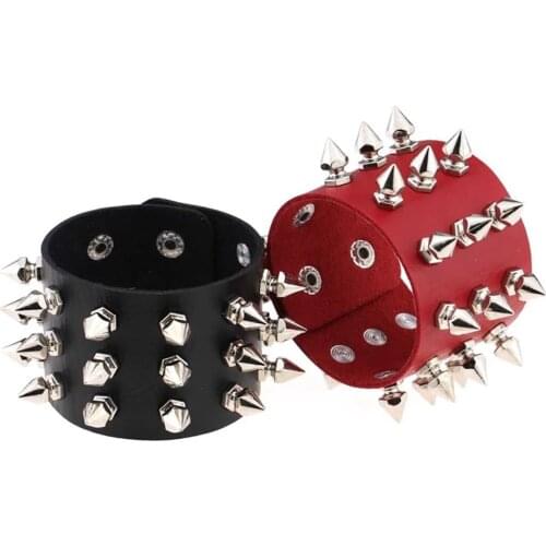Punk Gothic Rock Cuspidal Spikes Rivet Cone Stud Wide Leather Cuff Bracelet Wristbands Charm Bangle Fashion Unisex Jewelry