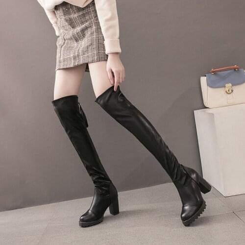 Platform Heeled Boots Women Black Boots Leather Chunky Heel Booties Sexy Thigh High Stretch Boots Botas Bota Plana Mujer