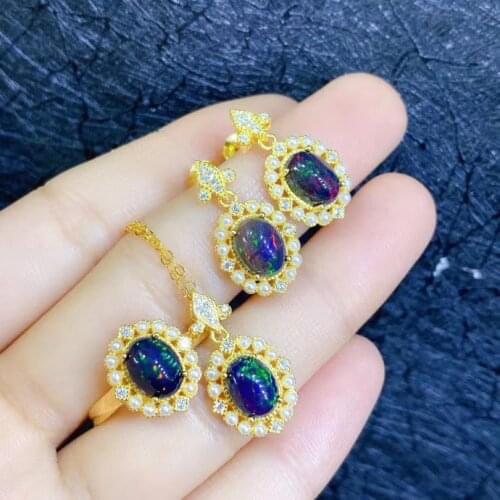 Black Opal Set 100% Natural Opal jewelry set Natural And Real Black Opal 925 sterling silver 1pc pendant,1pc ring,2pcs Earring
