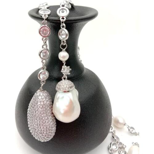 49" White Keshi Pearl cubic zirconia micro Pave Chain silver color plated Long Necklace sweater chain necklace for women