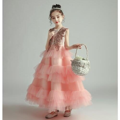 Flower Girl Dresses Illusion O-Neck Sleeveless Embroidery Sequined Beading Princess Floor-Length Tulle Lace Kids Party Gown H373