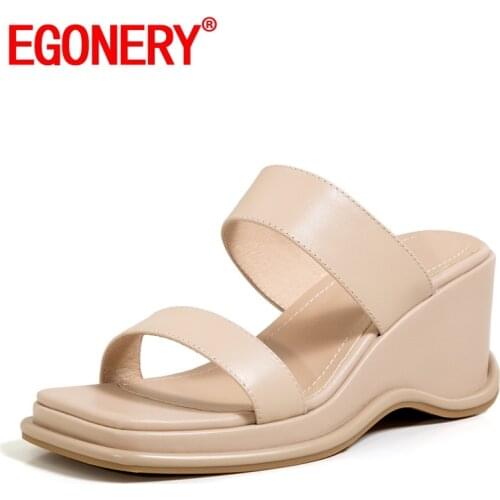 EGONERY Women New Style Slipper Slope Heel summer Leisure Sandals Square Toe Concise Comfortable ventilation Mature soft