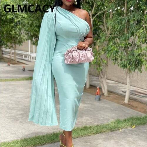One Shoulder Cape Sleeve Elegant Evening Party Midi Dress