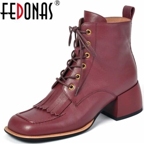FEDONAS Vintage Fringe Cross-Tied Women Ankle Boots Genuine Leather Square Toe Thick Heels Office Lady Shoes Woman Autumn Winter