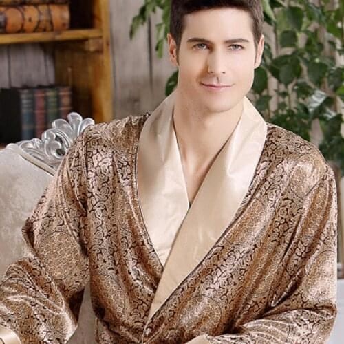 New Men Luxury Bathrobe Print Robe Silk Satin Pajamas Kimono Home Bath Gown Summer Male Nightgown Plus Size 5XL